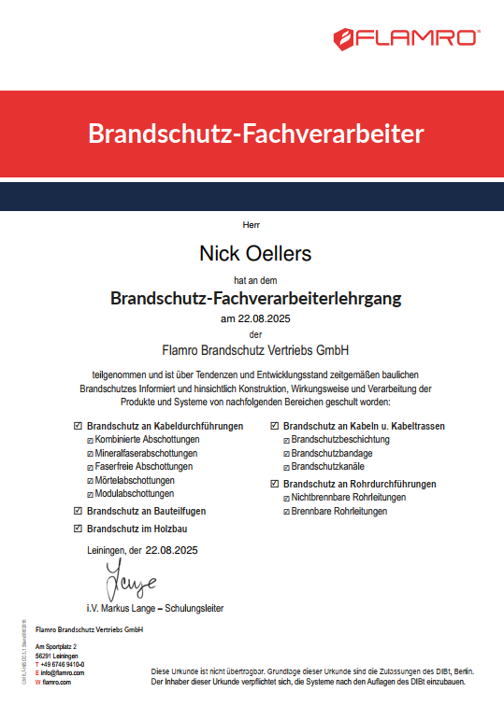 Teilnahmebescheinigung Brandschutz-Facharbeiter  von flamro Brandschutz Vertriebs GmbH